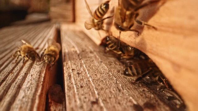 Close up view of beehive life with honey bees flying in and away. Wide angle macro slow motion take of frontal space of wooden beehive with fast exchanging of many bee bodies during sunny day.