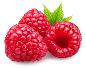 Naklejka premium Three raspberries with raspberry leaves isolated on a white background. Maximum detail and sharpness across the entire frame.