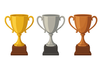 Gold Silver and Bronze Trophies on Dark Background