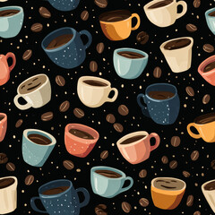 Colorful Coffee Cups and Beans Seamless Pattern on Black Background
