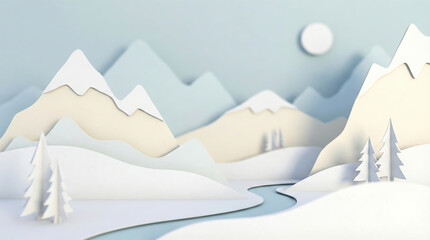 Minimalist paper cut winter landscape with snowy mountains and pine trees