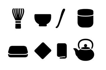 Tea Ceremony Tools. Tea ceremony tools. Filled icon set of tea ceremony tools: bamboo whisk, tea bowl, tea