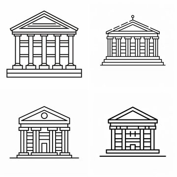 Set of classic architectural building icons with columns and pediments