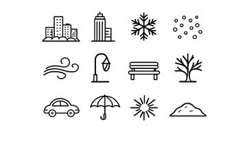 Fototapeta premium City Winter Icons. City winter blizzard. Line outline icon set of City winter blizzard: building silhouettes,