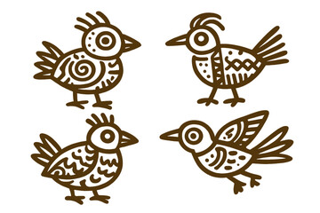 Four primitive, stylized birds on an orange gradient background