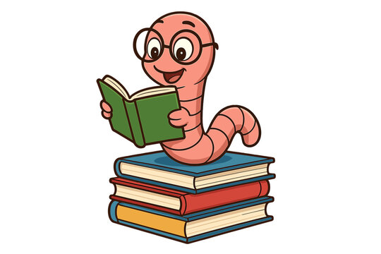 Cute Cartoon Worm Reading a Book on a Stack of Books