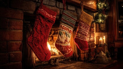 Cozy Christmas Evening Scene: Three Festive Knitted Stockings Hanging Over a Warm, Burning Fireplace Mantel, Decorated with Candles and Glowing Garland