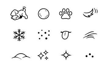 Playful Dog Icons. Dog playing with snowball. Line outline icon set of Dog playing with snowball: dog