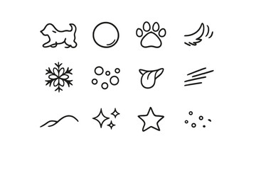 Snowball Playtime Icons. Snowball playtime. Line outline icon set of Snowball playtime: dog silhouette,