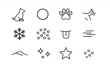 Winter Dog Fun. Winter dog fun icons. Line outline icon set of Winter dog fun icons: dog silhouette, snowball,