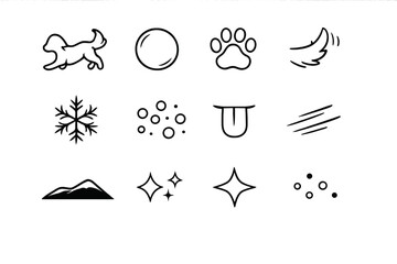 Snowball Playtime Icons. Snowball playtime. Line outline icon set of Snowball playtime: dog silhouette,