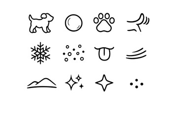 Winter Puppy Icons. Winter puppy icons. Line outline icon set of Winter puppy icons: dog silhouette, snowball,