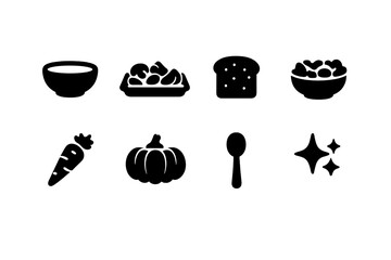 Cozy Vegan Icons. Cozy vegan dinner flat-lay. Filled icon set of cozy vegan dinner flat-lay: bowl, roasted