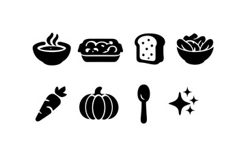 Winter Vegan Icons. Winter vegan feast flat-lay. Filled icon set of winter vegan feast flat-lay: soup bowl,