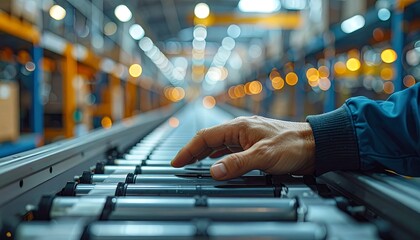 Close-up of hand on conveyor belt in factory.