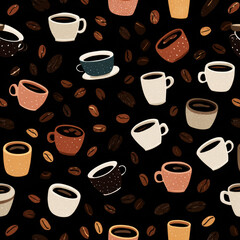 Minimal Coffee Cups and Beans Seamless Pattern on Black Background
