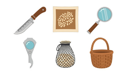 Collection of flat vector icons featuring everyday objects, tools, and containers for various design applications