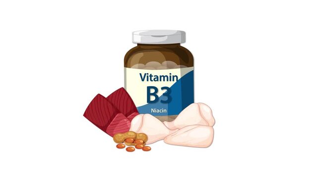Vitamin B3 Supplement Bottle with Food Sources Animation Sequence