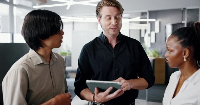 Discussion, feedback or people in office with tablet, draft insight or content development for article. Digital, collaboration or journalist with tech, story planning or editor review for publication