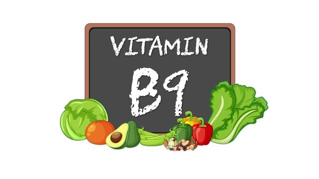 Vitamin B9 Chalkboard Surrounded by Fresh Vegetables and Fruits Animation