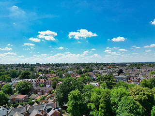 High Angle Street View and Buildings at Central Reading London City and Town Centre. Aerial Drone Tour of England United Kingdom. July 11th, 2025. 