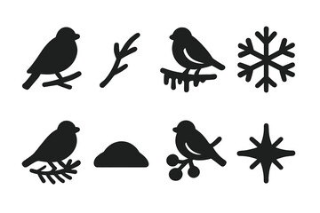 Fototapeta premium Winter Bird Silhouettes. Perched birds in winter. Filled icon set of perched birds in winter: bird silhouette,