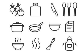 Family Cooking Icons. Family cooking rituals. Line outline icon set of Family cooking rituals: vegetables,