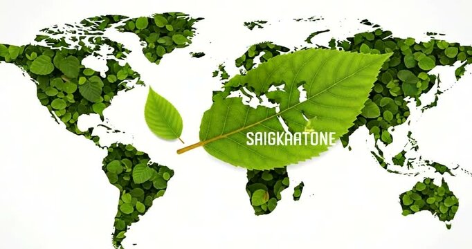 Green world map illustration with leaves symbolizing environmental protection and nature