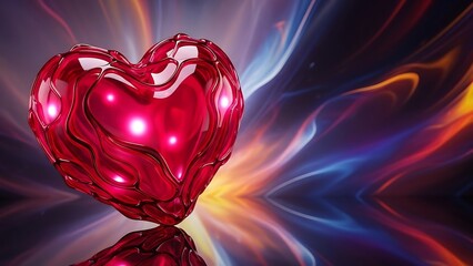 A vibrant, glowing red heart stands out against a dynamic, colorful background of swirling cosmic patterns