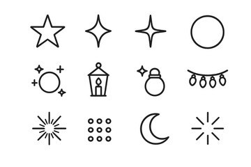 Night Sparkle Icons. Sparkle-filled night. Line outline icon set of Sparkle-filled night: star, sparkle,