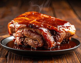 Richly sauced glazed meat presented on a clean plate as gentle steam rises creating a sense of deep culinary comfort