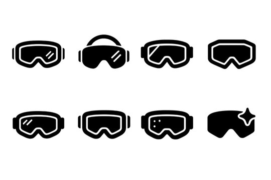 Ski Visor Icons. Ski visor innovations. Filled icon set of ski visor innovations: advanced goggles, strap arc,
