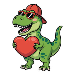 Fototapeta premium A hand drawn cartoon illustration of a cheerful Tyrannosaurus rex wearing a red baseball cap, red sunglasses. The T-Rex holds a red heart in its arms.