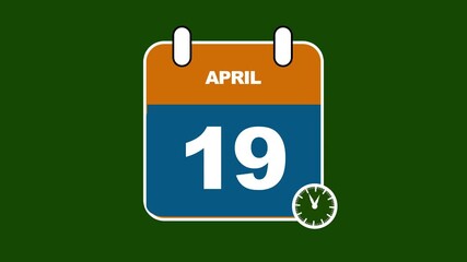 Calendar illustration for April 19th with a clock icon on a dark green background nineteenth date