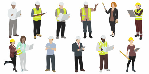 Diverse construction team members reviewing plans and collaborating on a project