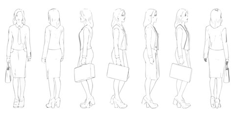 Line art depiction of six women in professional attire shown in profile view