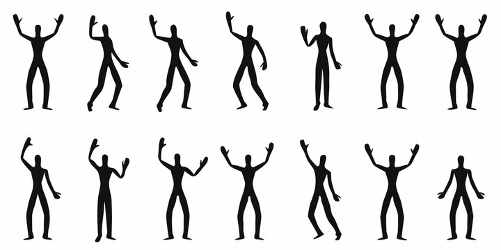 Stylized silhouettes of human figures with arms raised in various poses
