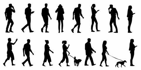 Diverse silhouettes of people and pets in various walking and standing poses