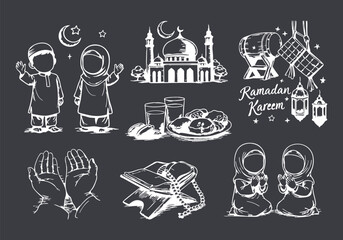 Hand-Drawn Chalk Style Ramadan Kareem Islamic Elements Collection