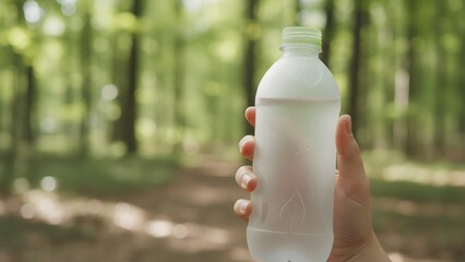 Hand holding a clear plastic water bottle outdoors.