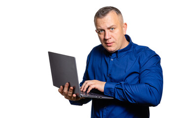 Serious man working on laptop isolated on white