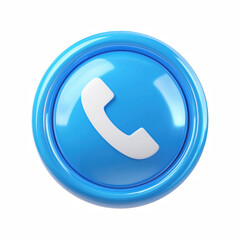 3D cartoon phone call icon on blue glossy button, white handset symbol isolated on transparent background.