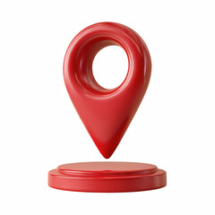 3D cartoon red map pin location marker on round base, glossy plastic icon isolated on transparent background.