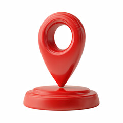 3D cartoon red map pin location marker on round base, glossy plastic icon isolated on transparent background.