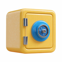 3D cartoon safe box with yellow square body and blue combination lock, secure money storage icon isolated on transparent background.