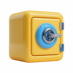 3D cartoon safe box with yellow square body and blue combination lock, secure money storage icon isolated on transparent background.