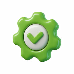 3D green settings gear icon with check mark, glossy confirmation and success symbol isolated on transparent background.