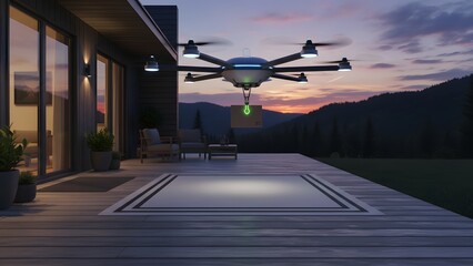 Drone Hovers Above Modern Home Patio at Sunset.