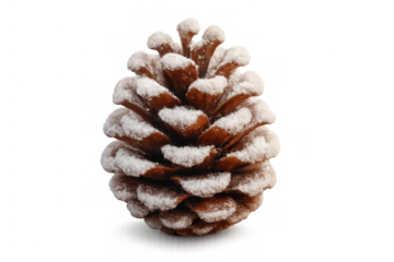 Pine cone covered in snow, winter christmas decoration for holiday season, festive nature element isolated on transparent background