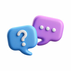 3D blue question chat bubble and purple message bubble with dots, Q&A support conversation icon isolated on transparent background